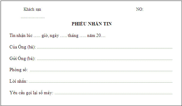 Biểu mẫu lễ tân khách sạn thưởng dùng