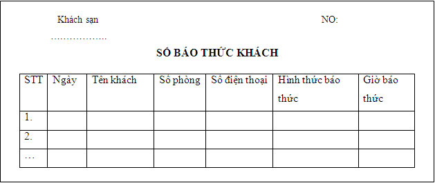 Biểu mẫu lễ tân khách sạn thưởng dùng