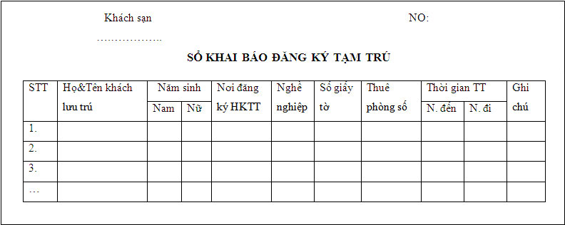 Biểu mẫu lễ tân khách sạn thưởng dùng
