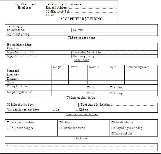 Biểu mẫu lễ tân khách sạn thưởng dùng