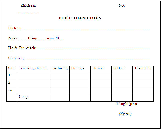 Biểu mẫu lễ tân khách sạn thưởng dùng