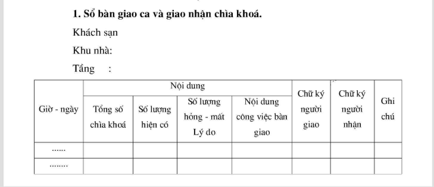 biểu mẫu bộ phận buồng