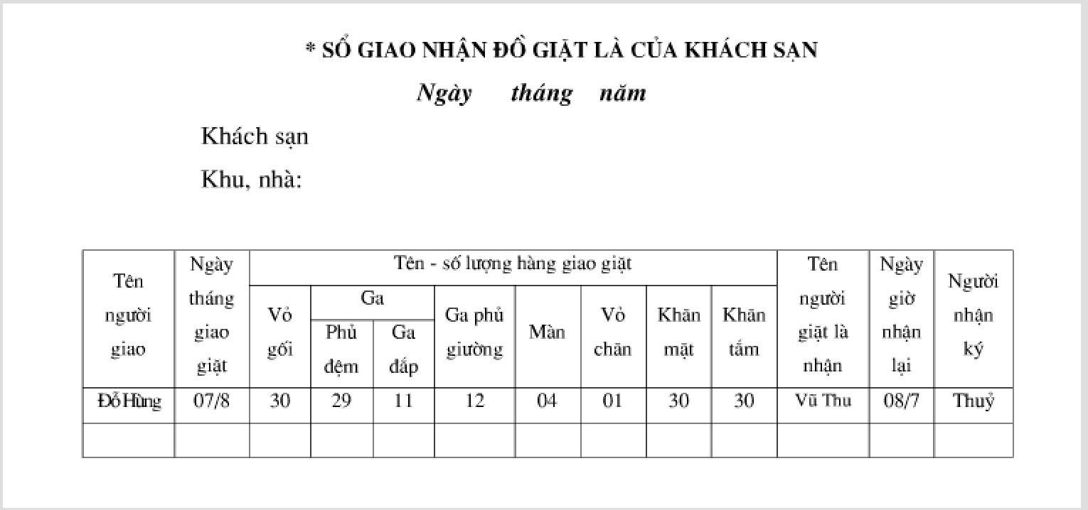 biểu mẫu bộ phận buồng