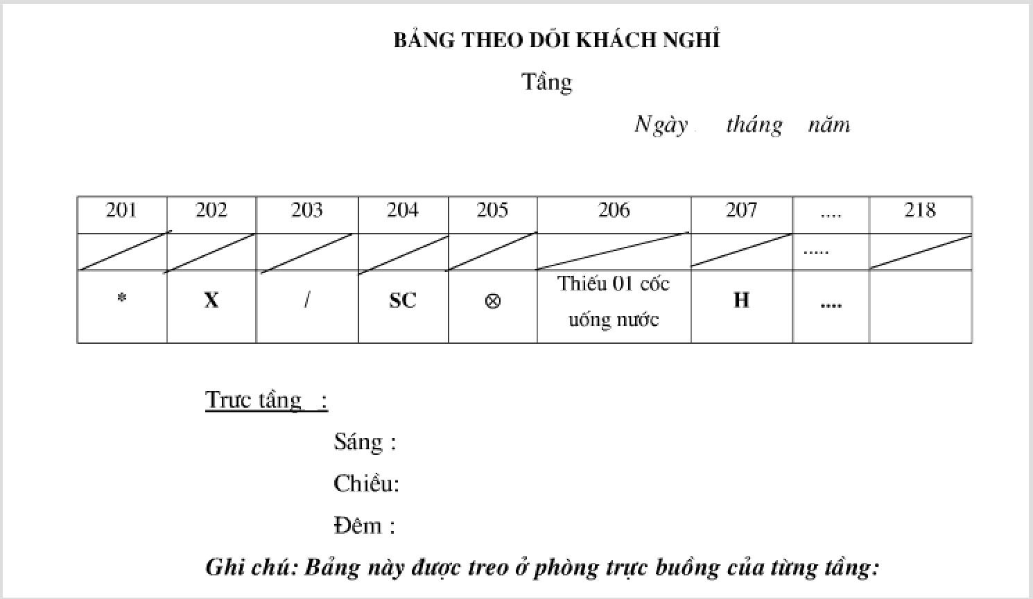biểu mẫu bộ phận buồng