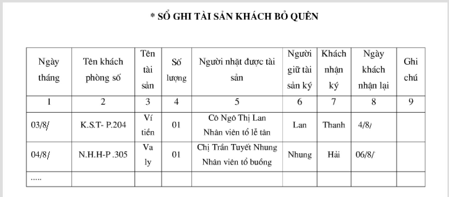 biểu mẫu bộ phận buồng