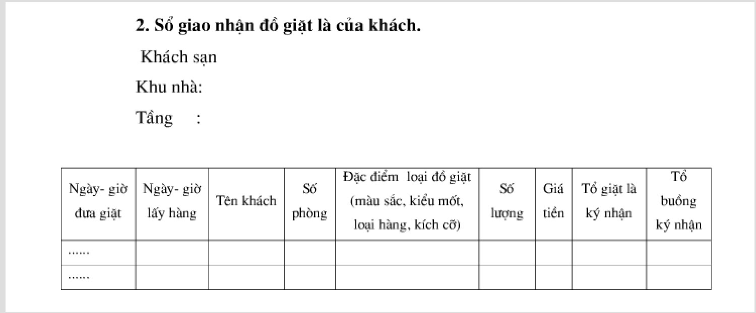 biểu mẫu bộ phận buồng