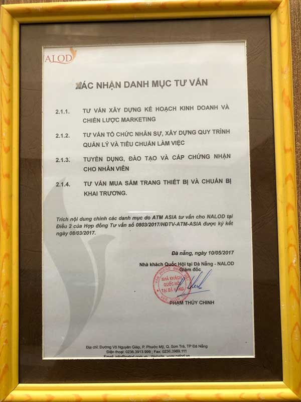 Chứng nhận của khách sạn nalod Đà Nẵng